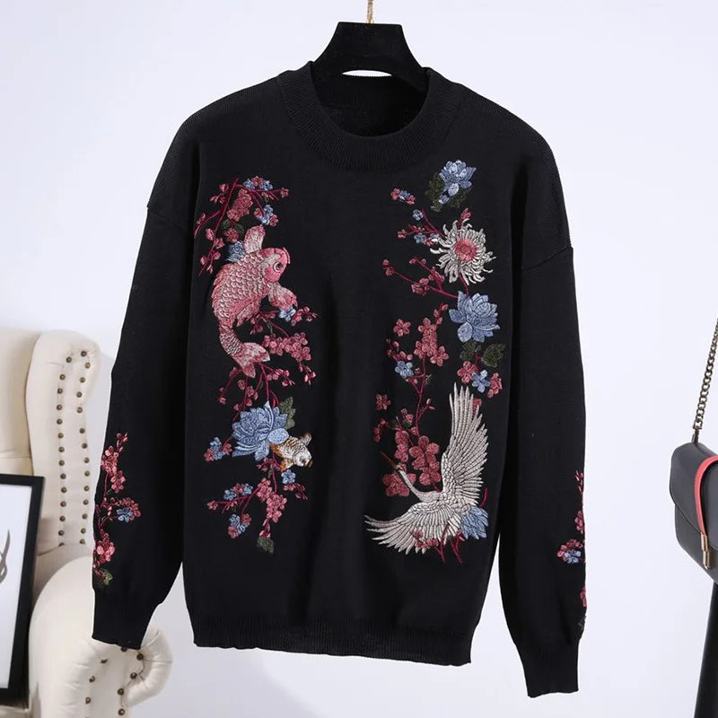 Casual Women Black Knit Tracksuit Outfits Vintage Floral Bird Embroidered Pullover Sweater Pencil Pants Female Knitwear 2PC Sets