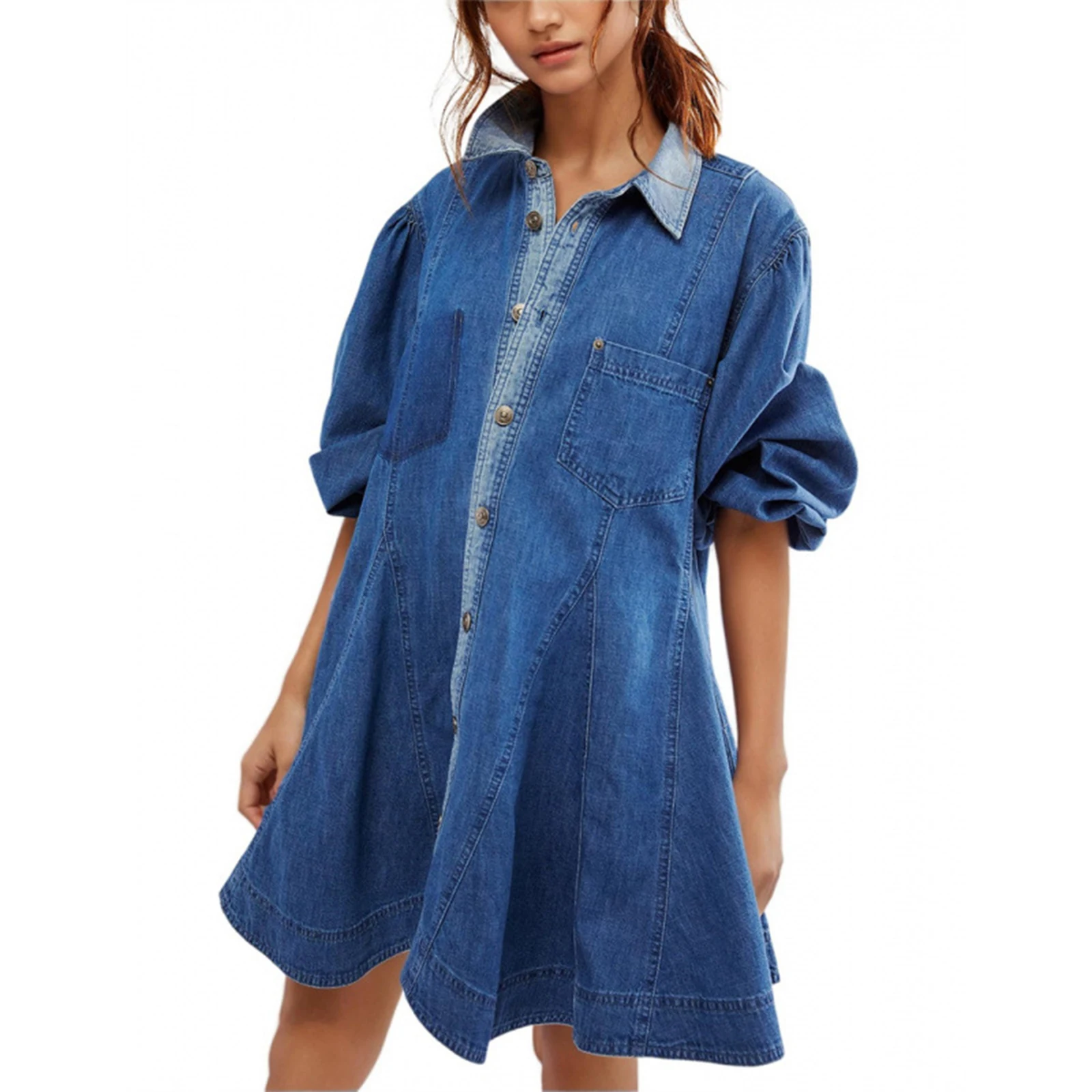 Women's Fashion Retro Denim Dress Lantern-sleeved Button-down Shirt Denim Dress Solid Color Shirt Dress Denim Short Dresses