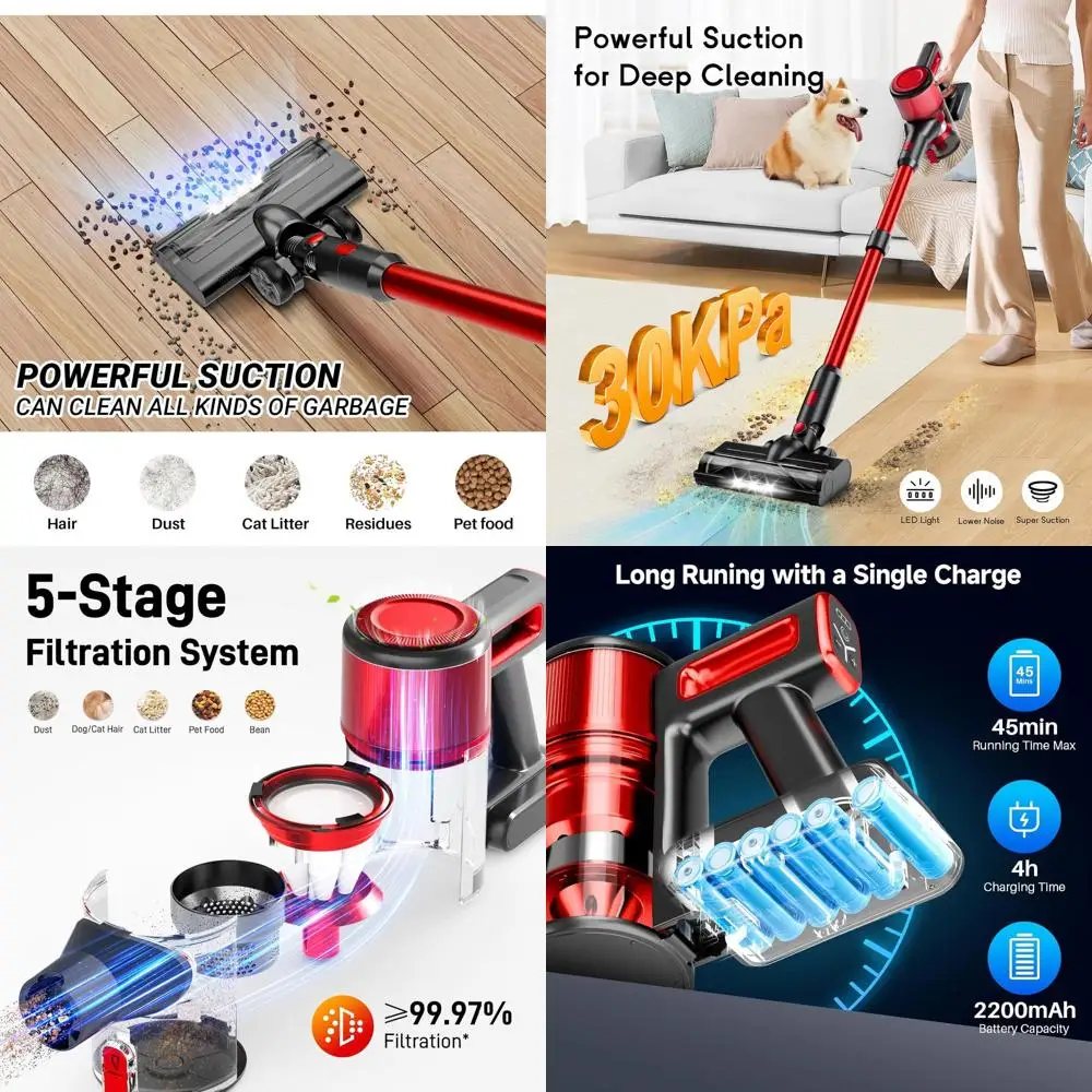 

8-in-1 Lightweight Cordless Stick Vacuum Cleaner, 45 Minutes Run Time, Powerful Suction for Hardwood and Carpet, Pet Hair Remova