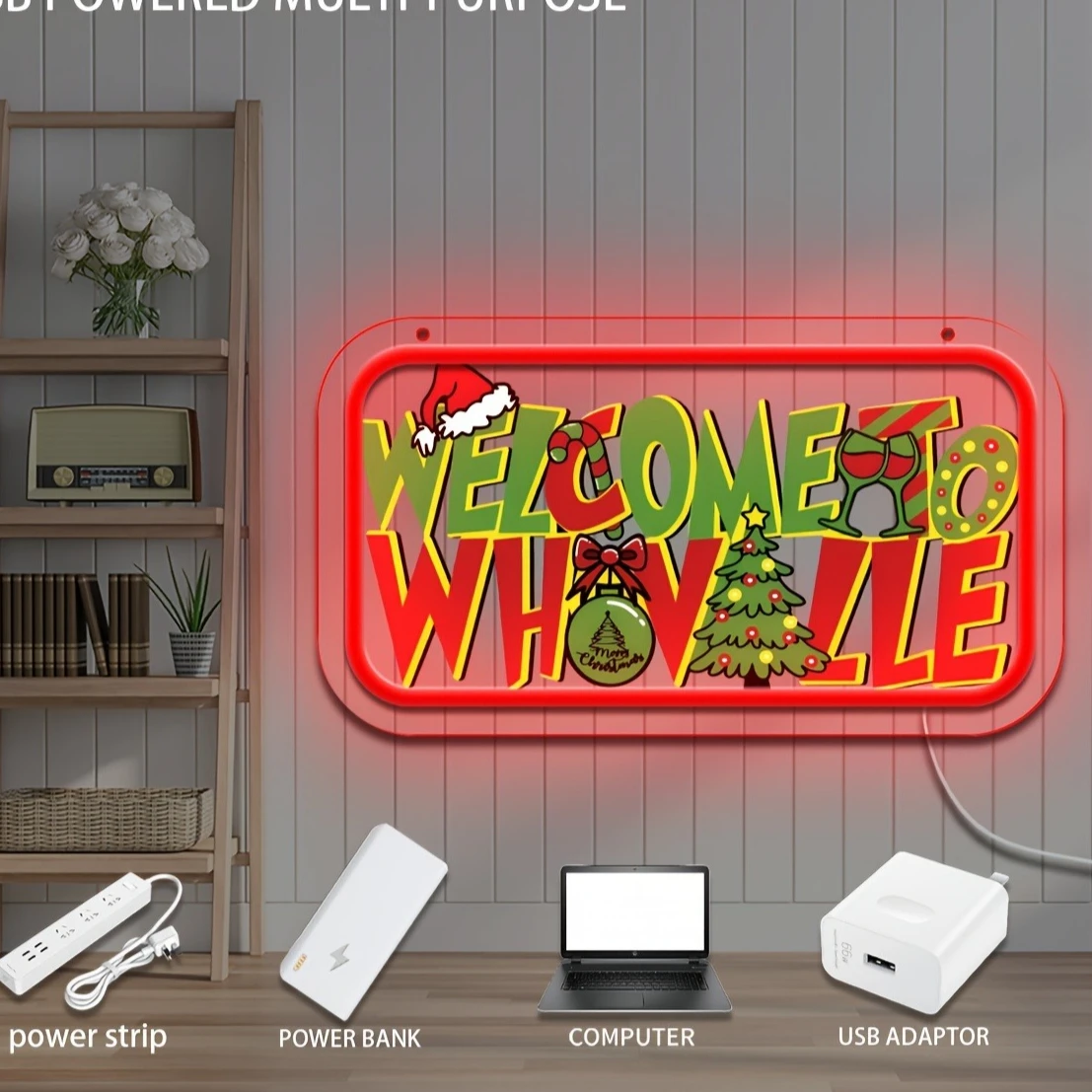 Christmas Neon Sign USB Powered Dimmable Welcome To Whoville LED Night Light for Xmas Home Atmosphere Decor Gift for Christmas