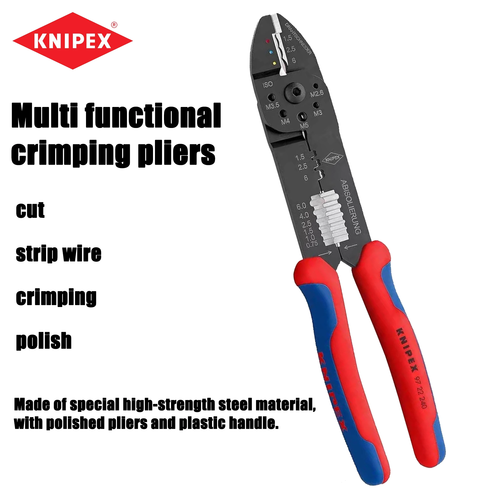 KNIPEX Multi functional wire stripping pliers and crimping pliers, cutting/stripping/crimping, electrician pliers 9722240