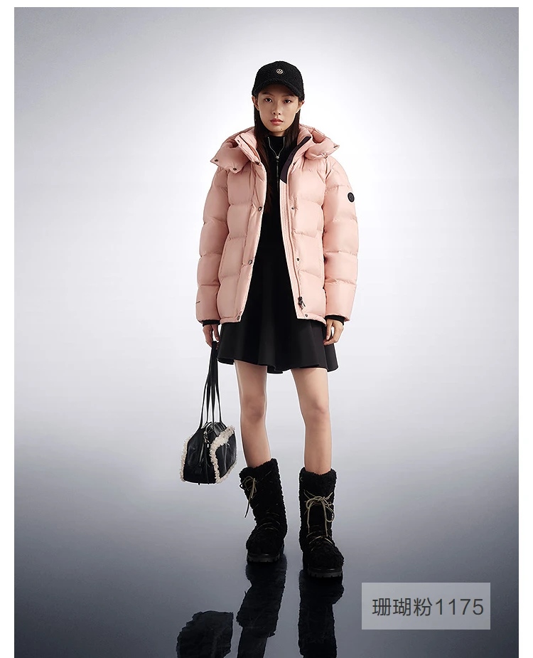 BOSIDENG Women Hooded Short Goose Down Coat 90% Goose Down 700+ Loft Shiny Fabric Adjustable Waist Puff Winter Outerwear