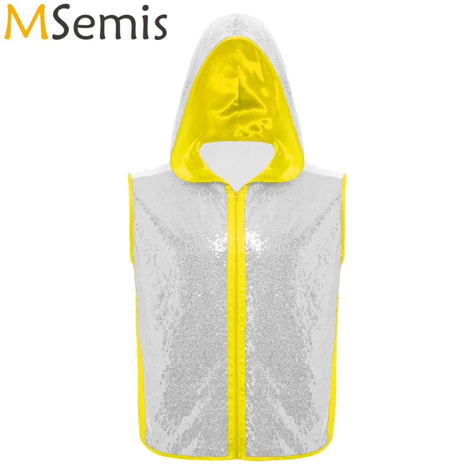 

Mens Sparkly Boxing Outerwear Tops Coat Jacket Sequined Sleeveless Hooded Zipper Closure Hoodie Vest Training Fitness Costume