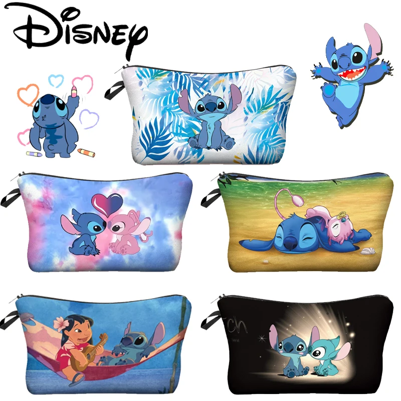 Disney กระเป๋าแต่งหน้าลายการ์ตูน Lilo & Stitch กระเป๋าเก็บของลายพิมพ์อเนกประสงค์ขนาดพกพาสำหรับเดินทางในห้องน้ำ