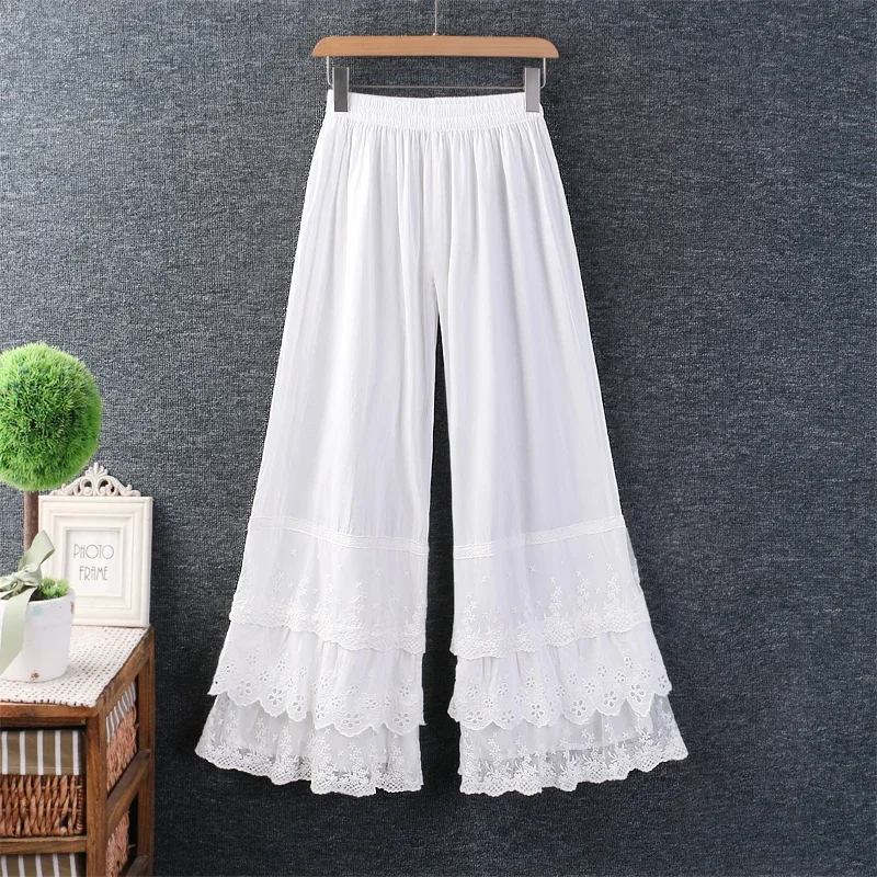 Japanese Sweet Lolita Layer Ruffles Floral Embroidered Wide Leg Pants for Women, Solid Color, Elastic Waist Flare Pants, Spring