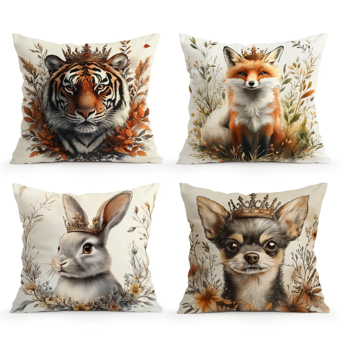 Home Decor Crowned Animals: Tiger, Fox, Rabbit, Chihuahua Pattern Cushion Cover Suitable for Sofa Bedroom Car Pillow Cover