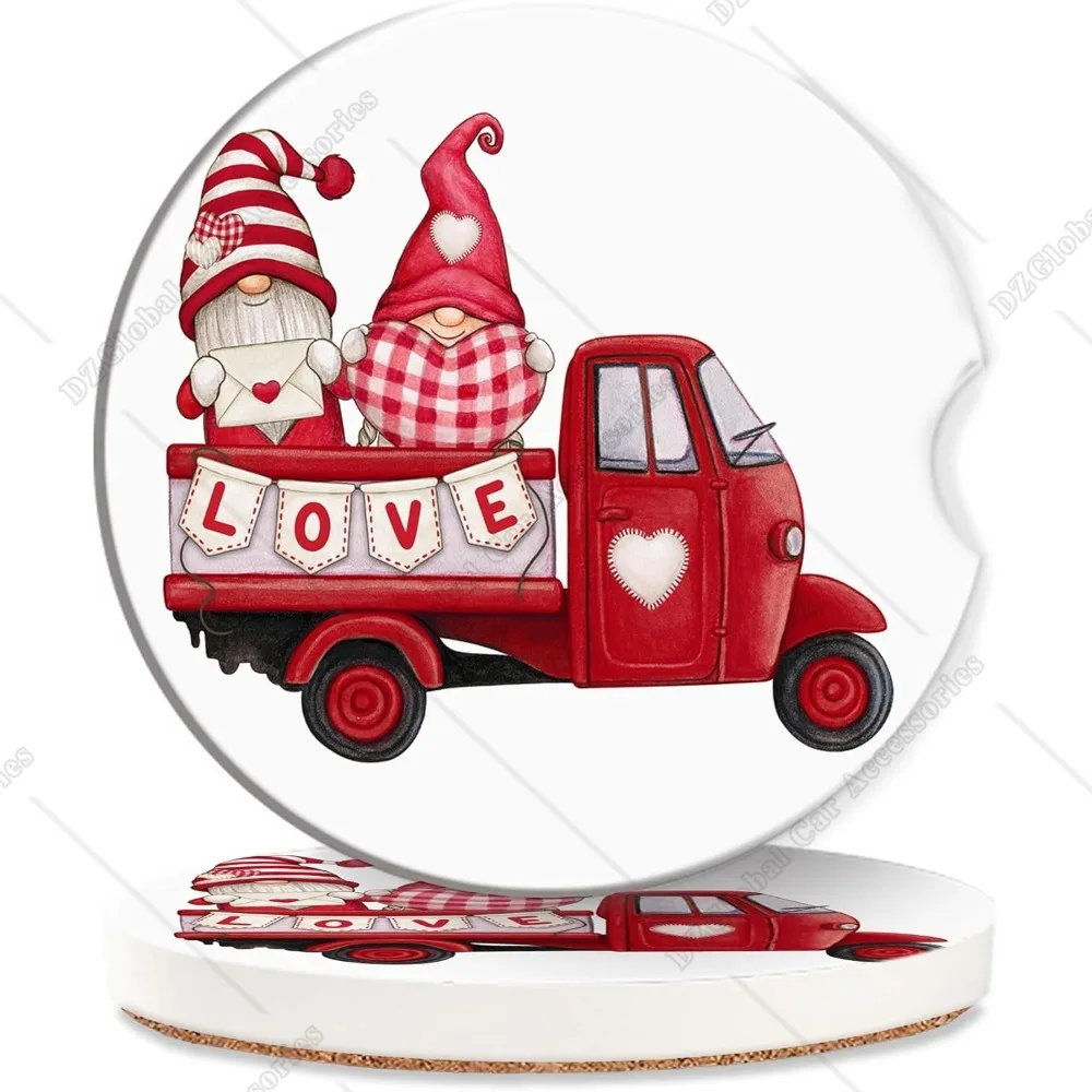 Christmas Red Truck Gnomes Car Cup Coaster 2 Pack Valentine's Day Love Absorbent Ceramic Coaster Drink Car Cup Holders