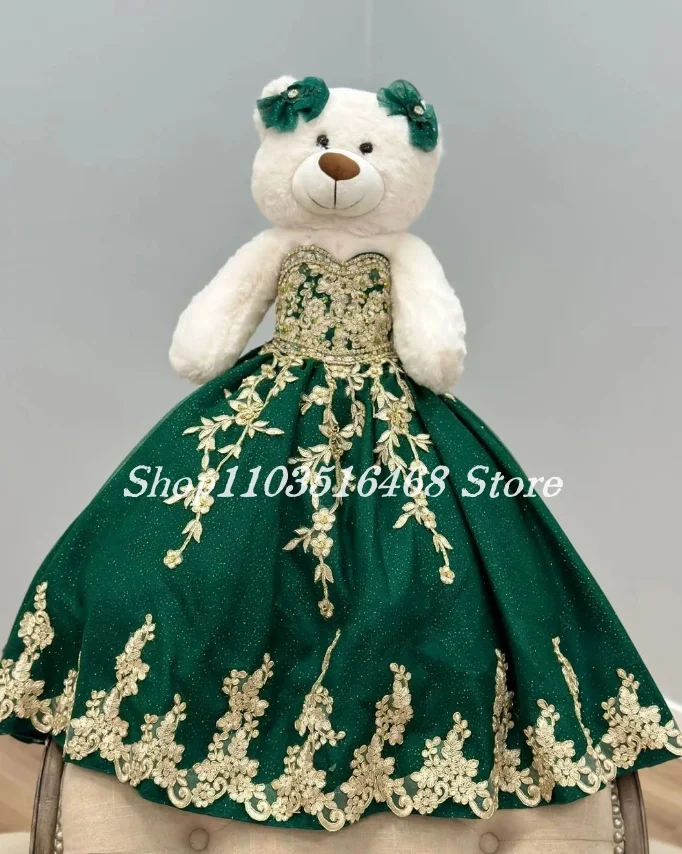 Personalised Quinceanera Teddy Bear Dress Green Glitter Sheath Delicate Beaded Applique Special Links  Customised