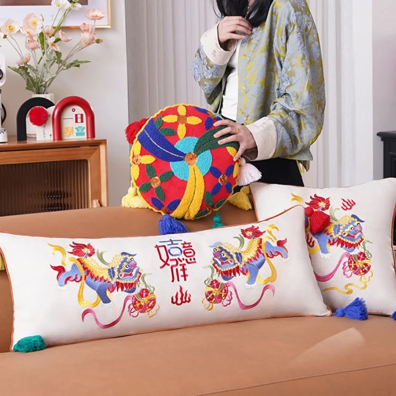 Chinese Retro Pillow Kirin Embroidery Cushion Case Luxury Colorful Decorative Pillow Cover For Sofa Chair Joyful Home Decoration