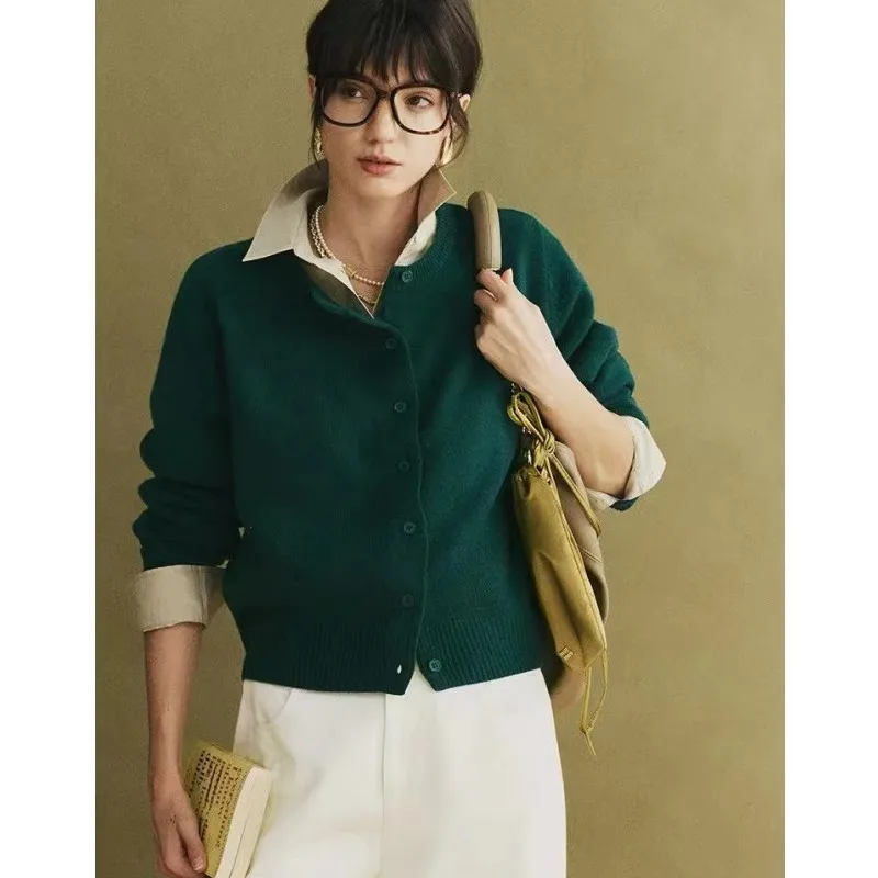 

European and American style round-neck 100 pure cashmere knitted cardigan women's autumn and winter sweater wool coat