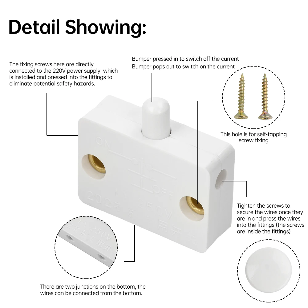 3/1Pcs 250V Automatic Reset Switch Press Touch Door Control Switch Suitable for Storage Cabinets Such as Wardrobes and Cabinets
