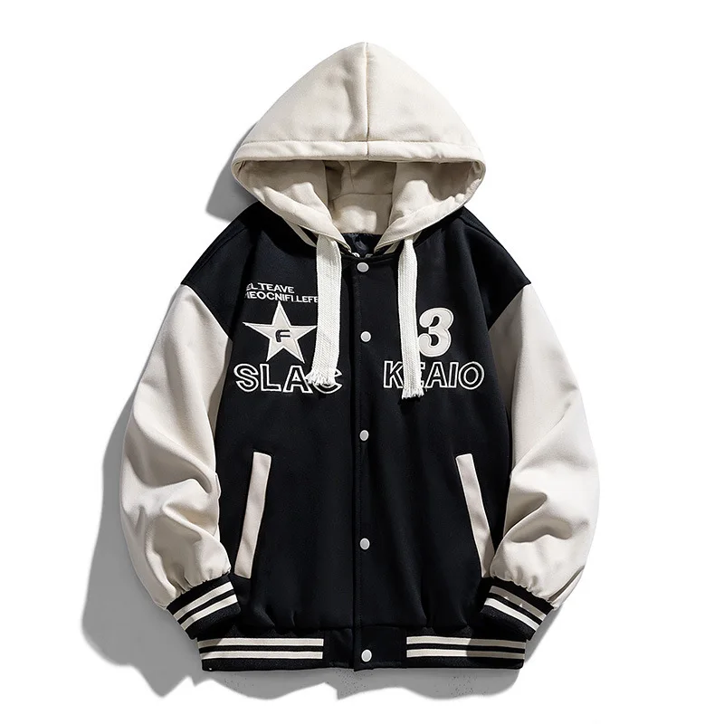 

Autumn Winter Men Plush Jacket Thicken Warm Letter Printed Male Baseball Uniform Contrast Color Man Fake Two-piece Outerwear