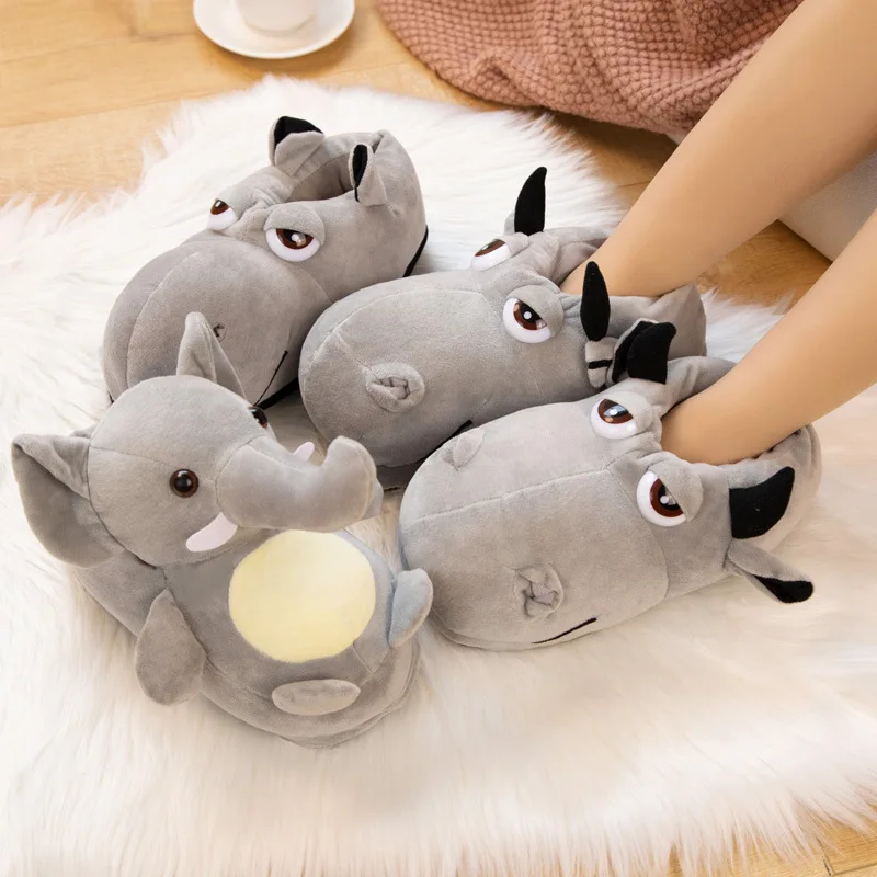 Winter Creative Cartoon Hippo Elephant Indoor Home Slippers Plush Cotton Slippers For Men And Women Warm Floor Slippers Men Shoe