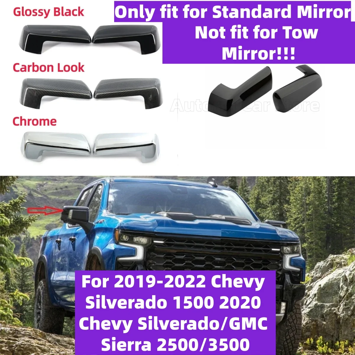 For Chevy Silverado 1500 2020/GMC Sierra 2500/3500 2019-2022 With Small Non-towing Only，Rearview Mirror Case Cover Side Door