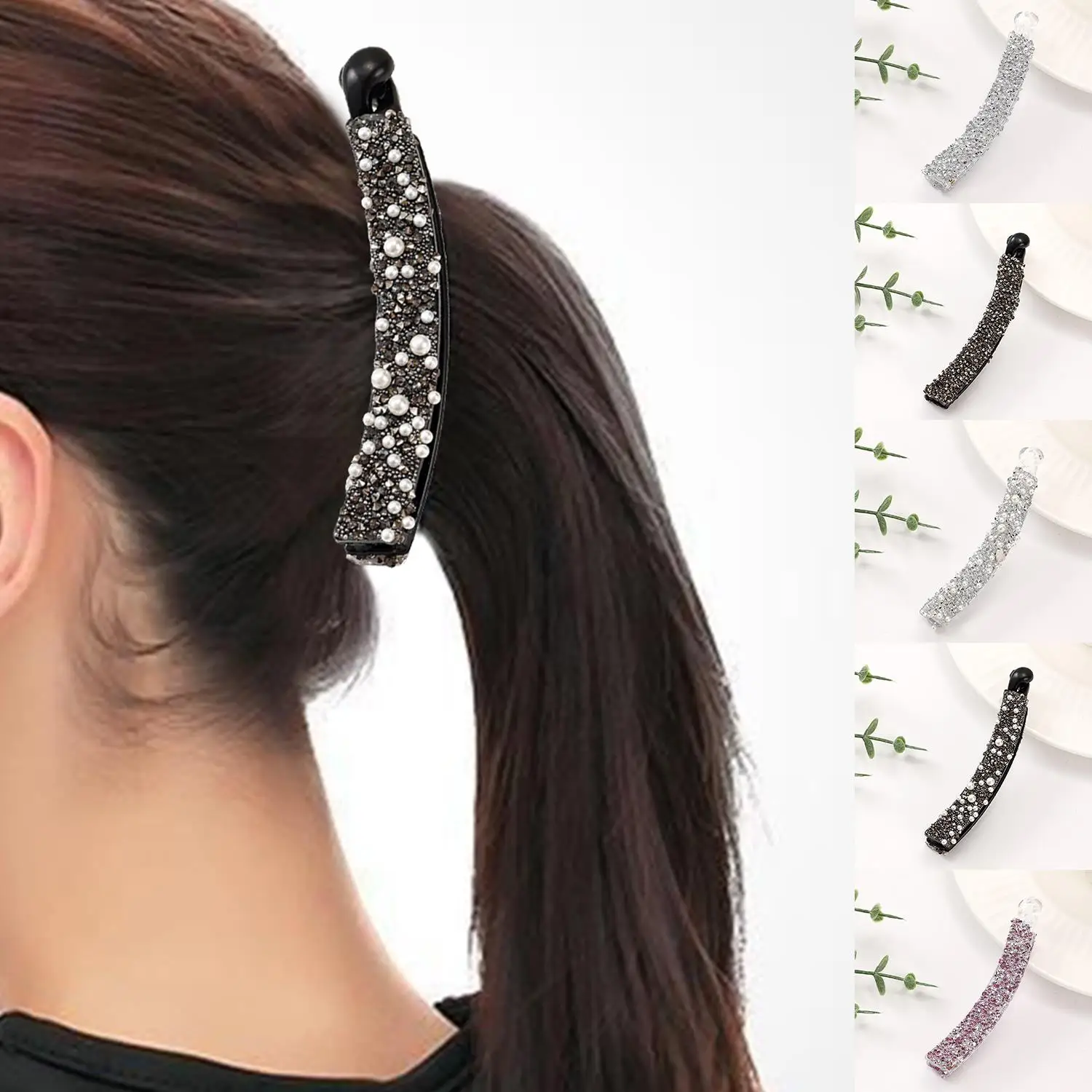 Diamond Pearl Pan Hair Banana Clip women's Light Luxury Full of Diamonds High-end Fashion coda di cavallo Clip Hairpin