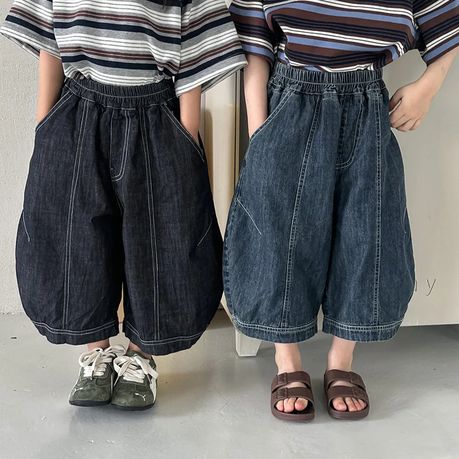 2026 Children's Summer New Line Bright Thread Splicing Jeans for Boys and Girls, Thin Wide Leg Capris