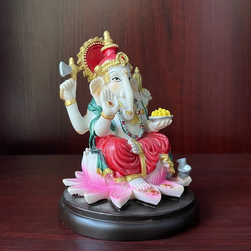 Hand-painted Ganesha Elephant God Statue, 11 cm Southeast-Asian Thai Resin Figurine, Hand-carved Religious Altar Decor