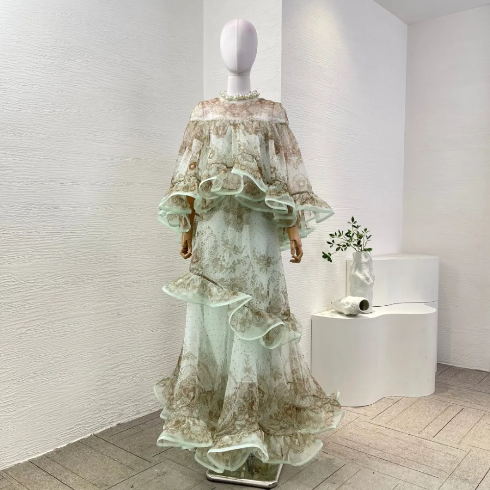 

Mint Green Lace Print Long Sleeve Pearl Irregular Hem Ruffles Blouse Tops and Irregular Hem Skirt Set 2025
