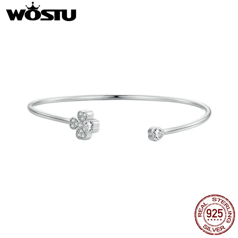 

WOSTU 925 пробы Серебряный четырехлистный клевер Открытый браслет Pavé Setting с фианитами, в форме сердца браслеты с растениями для женщин Модный повседневный подарок