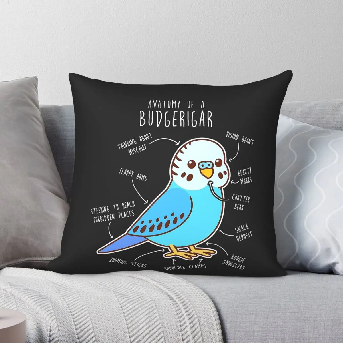 Blue Budgie Anatomy Square Pillowcase Polyester Linen Velvet Creative Zip Decor Car Cushion Case 45x45