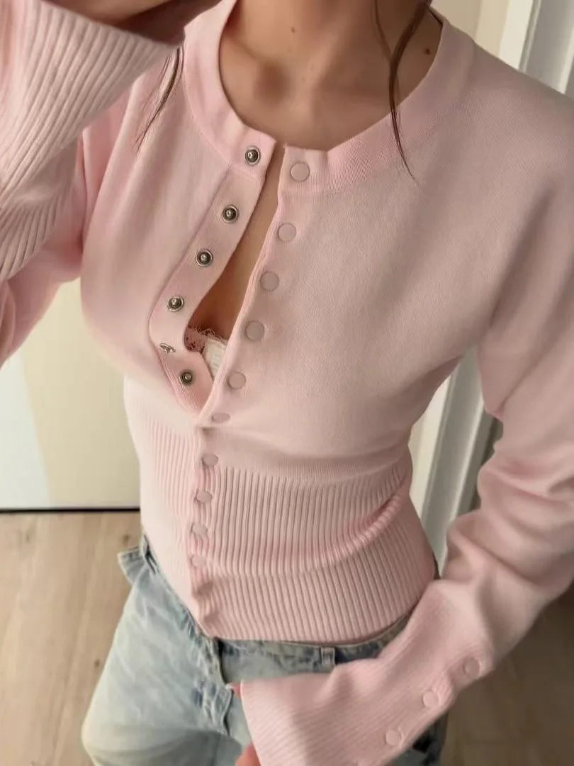 Elegant round Neck Casual Knitted Open Cardigan Women's Sweater French Style Polyester Fiber Medium Thickness for Autumn Winter