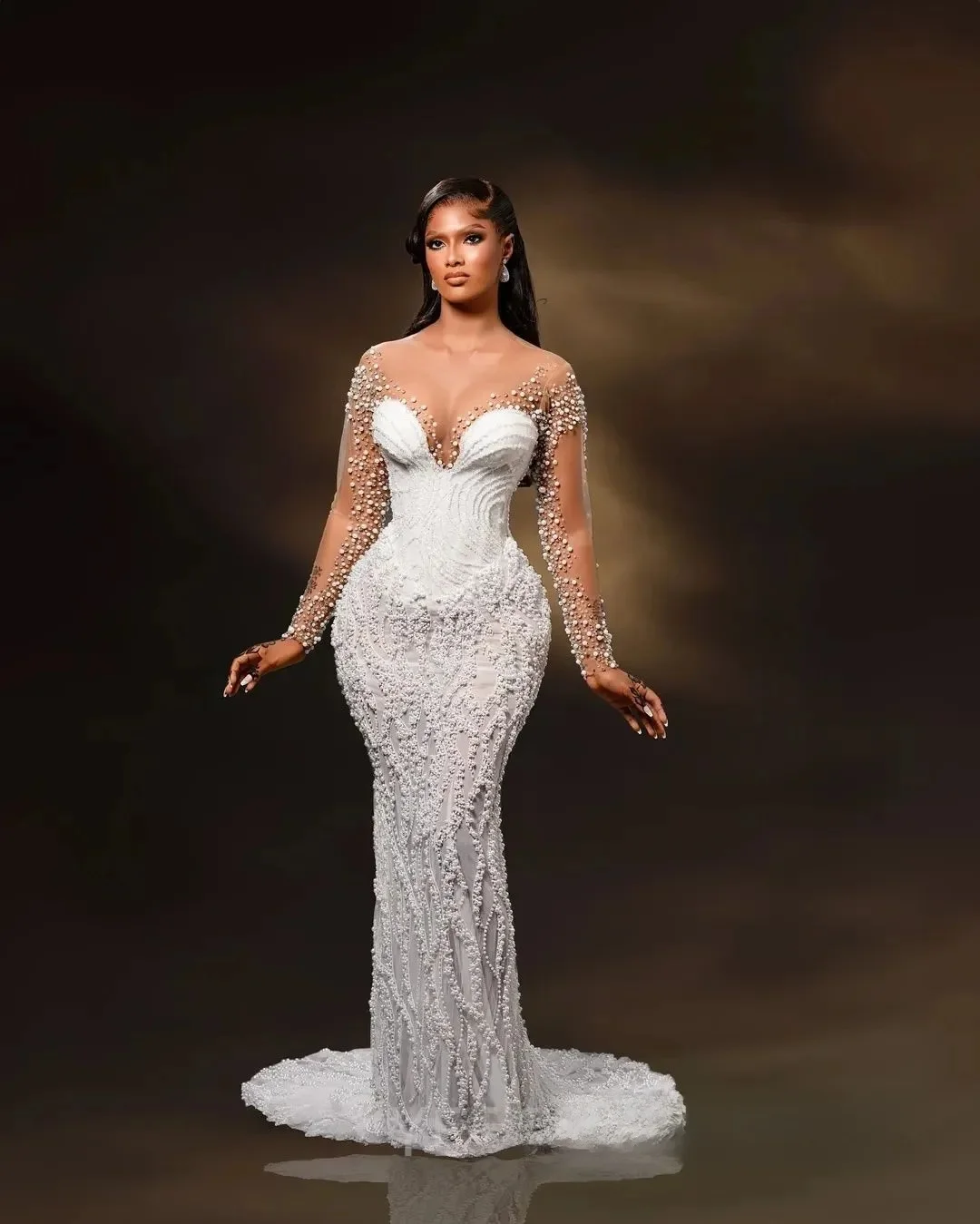 Vestido de novia africano personalizado, vestido de novia para novia, vestidos de novia de sirena, tren desmontable, mangas largas transparentes, perlas