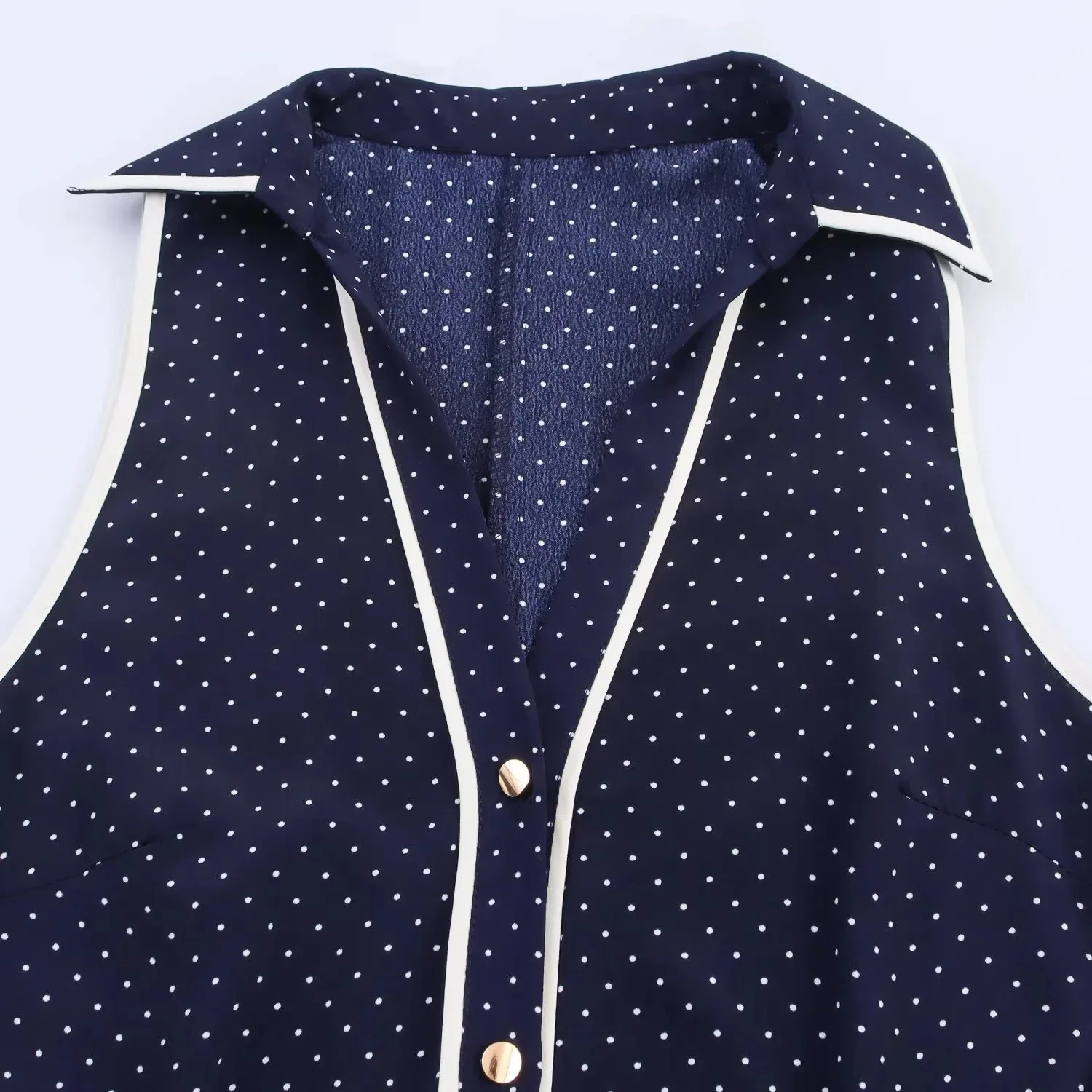 Frauen Elegante Ärmellose Einreiher Midi Kleid Sommer Frauen Revers Weiß Polka Dot Hemd Stile Illustration Kleid Mujer