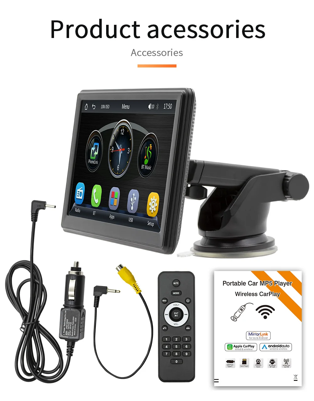 Carplay-Bildschirm, 7-Zoll-Touch-IPS-Display, intelligentes Autoradio, FM-Transmitter, Telefon, drahtlose Verbindung, Auto-DVD-Player mit Halterung