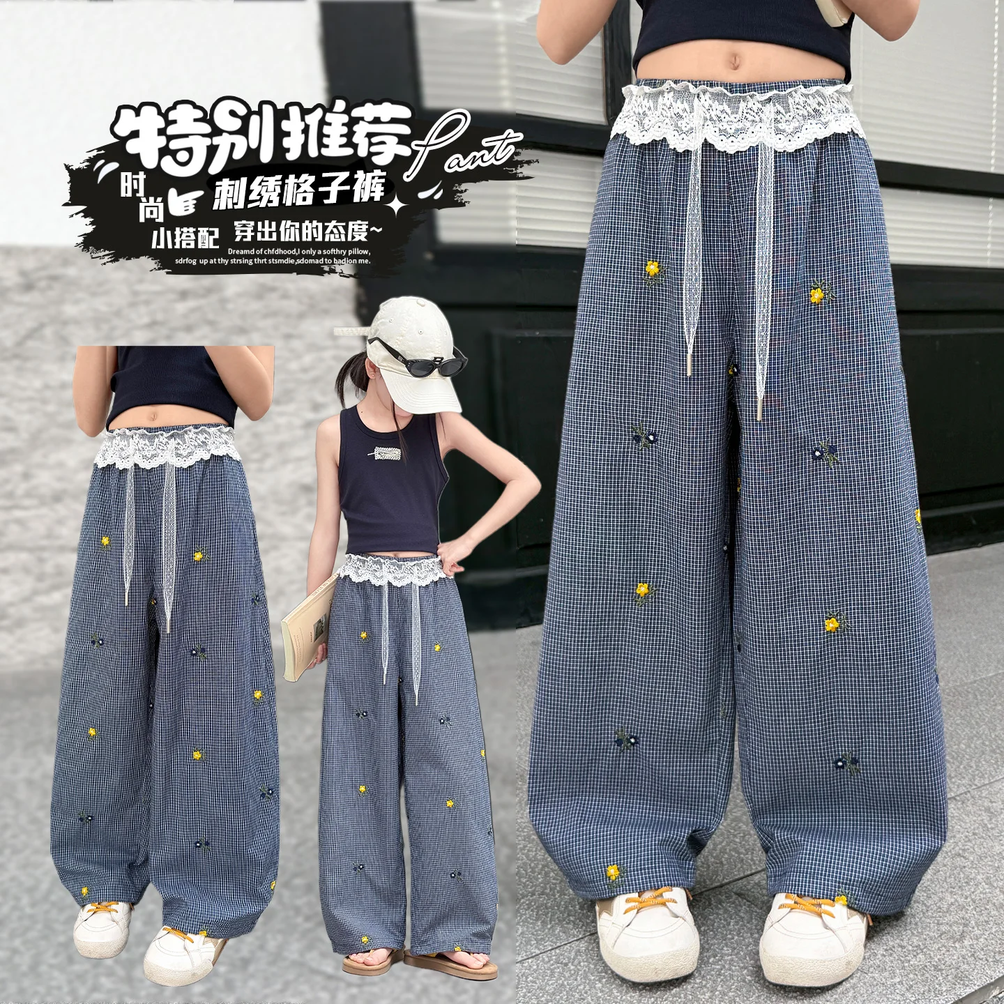 

Summer Kids Pants for Girls 2026 Utility Long Trousers with Lace Plaid Floral Embroidery Straight Ages 4-14Y Toddler to Teenage