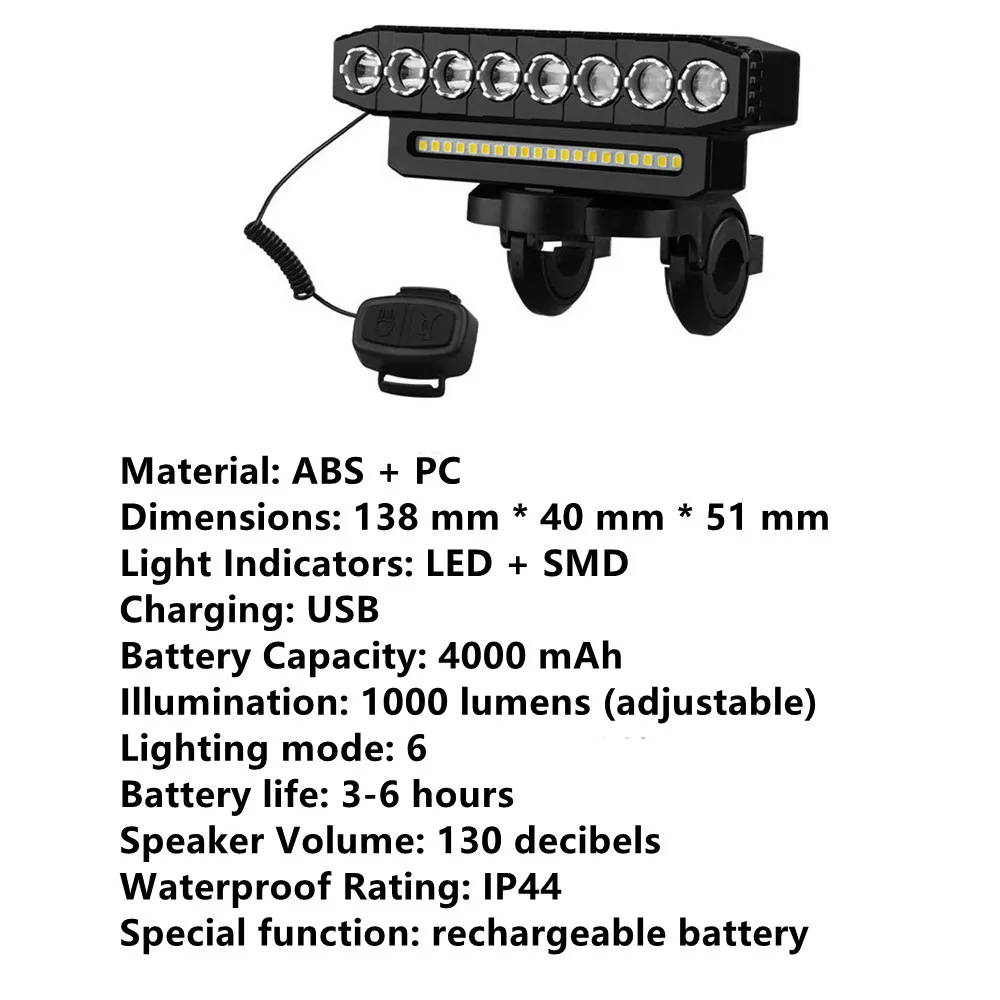 8 LED Bike Front Light with Horn 130dB Bell 6 Modes USB Rechargeable Waterproof Bicycle Headlights MTB Cycling Lamp 1000 LM - Image 2