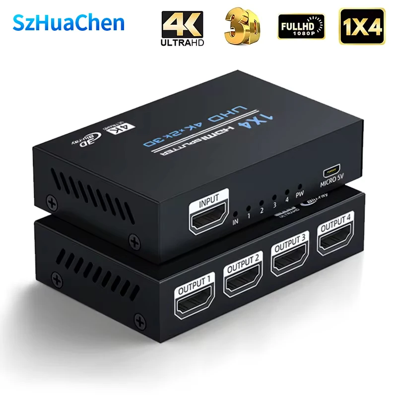 4พอร์ต HDMI Splitter 1 in 4 OUT HDMI Splitter 1x4พร้อมอะแดปเตอร์ไฟฟ้า4K x 2K @ 30Hz 3D Full HD Full HD สำหรับ PS4 Fire Stick HDTV