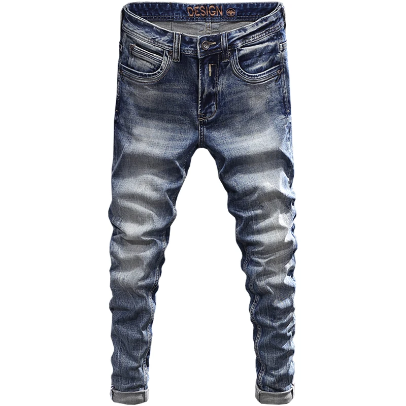 Fashion Vintage Men Jeans Retro Washed Blue High Quality Slim Jeans Men Casual Trousers Embroidery Designer Denim Pants Hombre