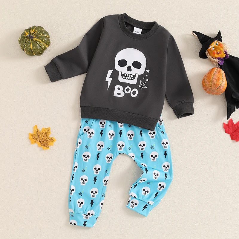 Boy Clothing Halloween 2Pcs Outfits Skull Head Print Long Sleeve Sweatshirt Pants Baby's Set