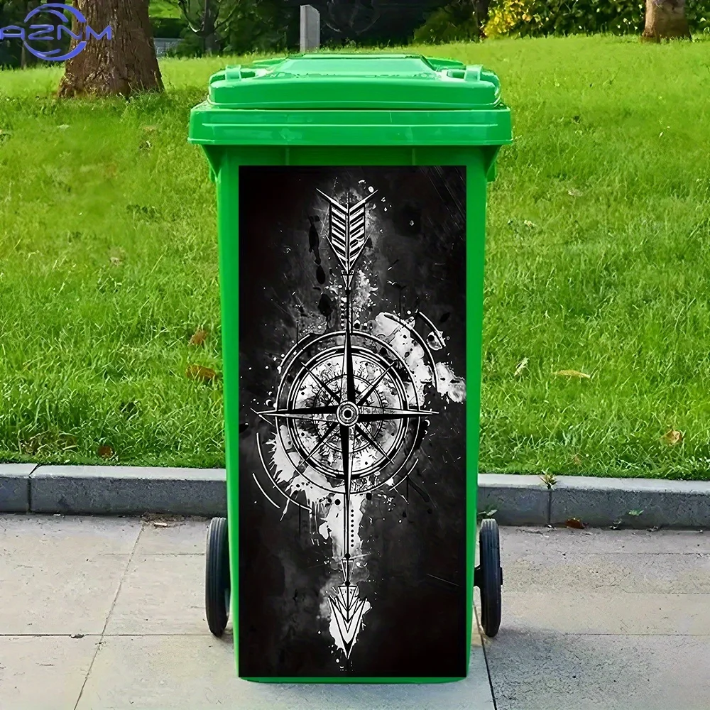 1pc of Black And White Ink Compass PVC Sticker for Trash Cans – Waterproof, Removable Adhesive, Perfect for Bin Decoration, Na