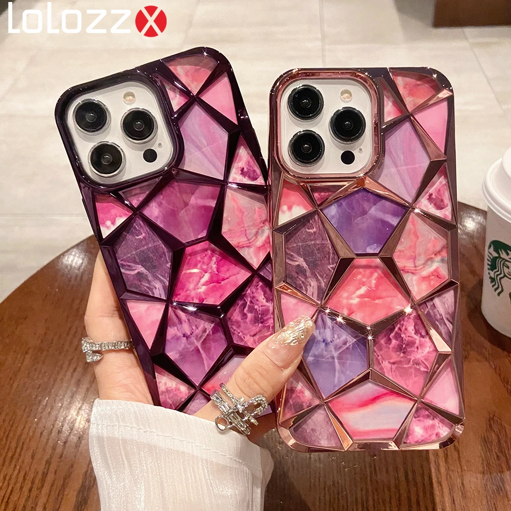 Luxury Colorful Plating Border Gradient Glitter Diamond Lattice Case For iPhone 15 Pro Max 14 Pro Clear Shockproof Soft Cover