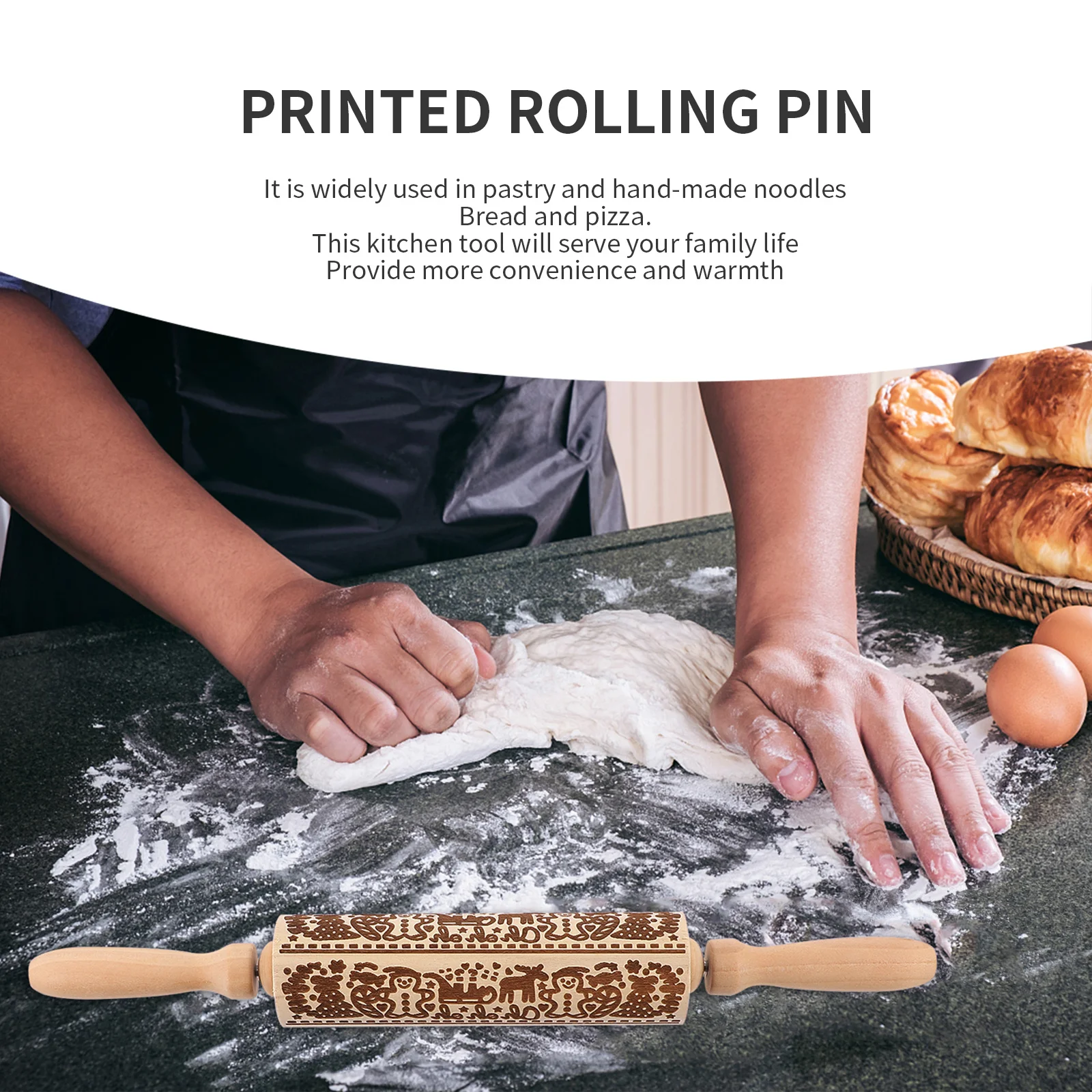 

1Pcs Festive Christmas Rolling Pin Wooden Embossed Dough Roller for Baking Bread Pizza Pastry Cooking At Home Restaurant
