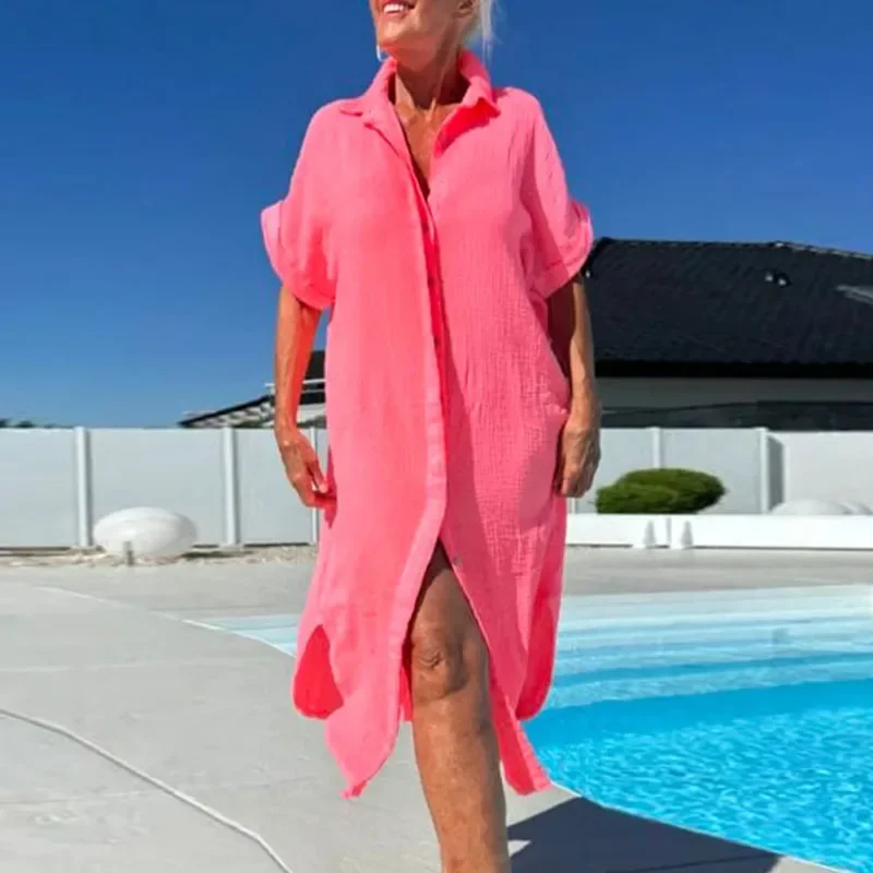 Robe longue décontractée pour femmes, tenue de plage, fente unie, simple boutonnage, chemise à revers, manches courtes, ample, printemps, été