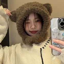 Cute Plush Bear Ushanka Female Winter Fleece-lined Thick Warm Earflaps Cycling Student Closed Toe Cold Hat