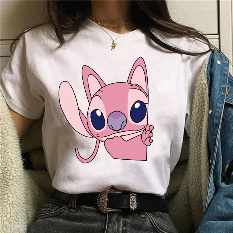 Kawaii Disney Lilo Stitch T Shirt Women Summer Tops Cartoon Stitch Heart Graphic Tees Cute Disney Anime T-shirt Female Tshirt