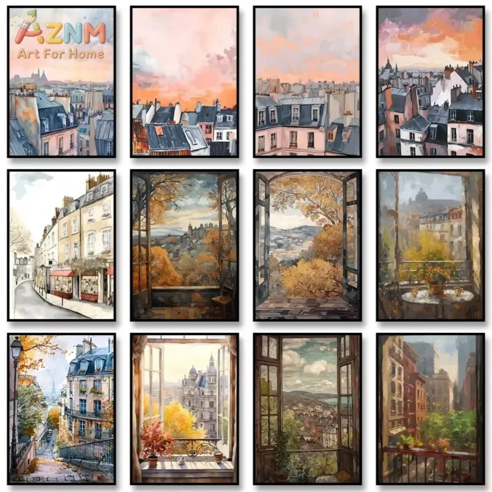 1PC Canvas Painting Vintage Travel Illustration Poster Window View Of Autumn Print Wall Art Picture For Home Wall Decor