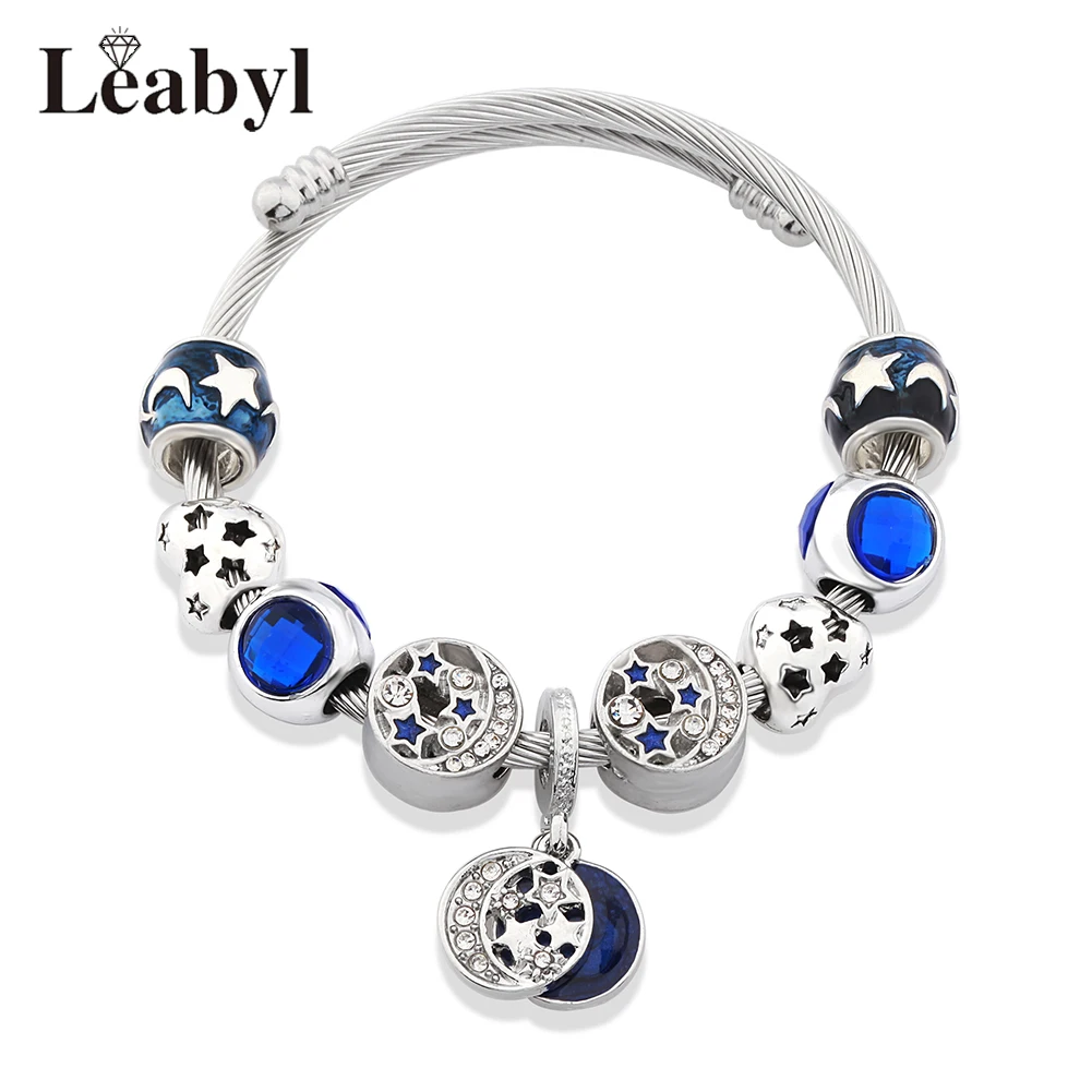 Mix Style Trendy Silver Plated Heart Star Moon Pendant Bead Bracelet Royal Blue Crystal Charm Bangle Freesize Jewelry