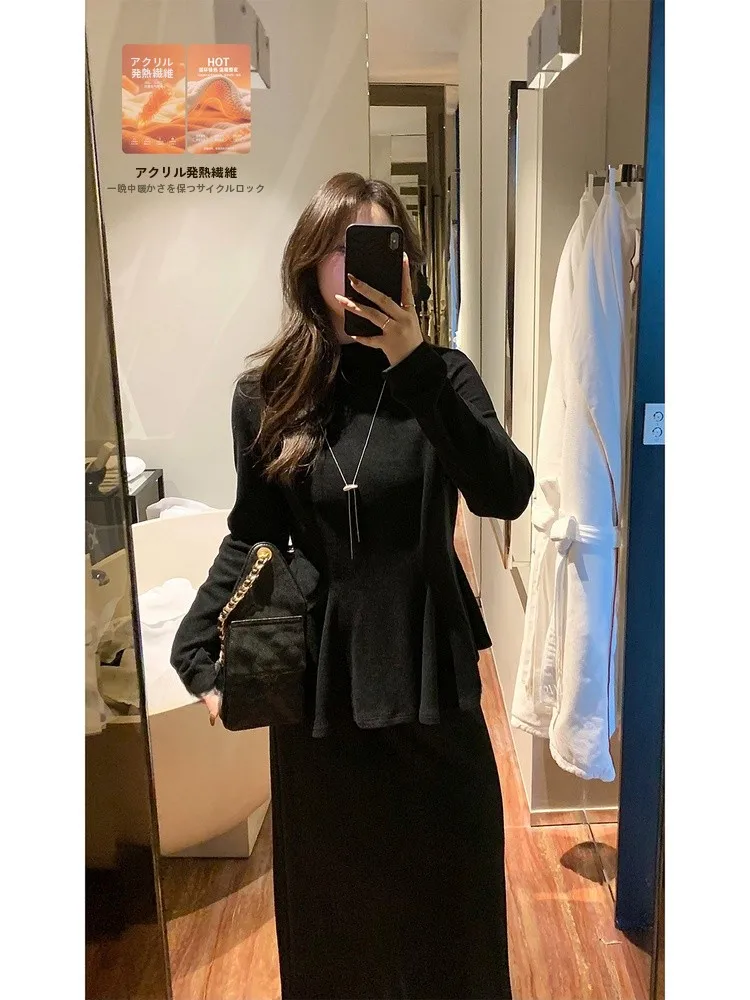 

plus Size Casual Style Beautiful Lace Hem Top And Skirt Set for Plump Sister High Waist Winter Warm Thick Long Sleeve Suit