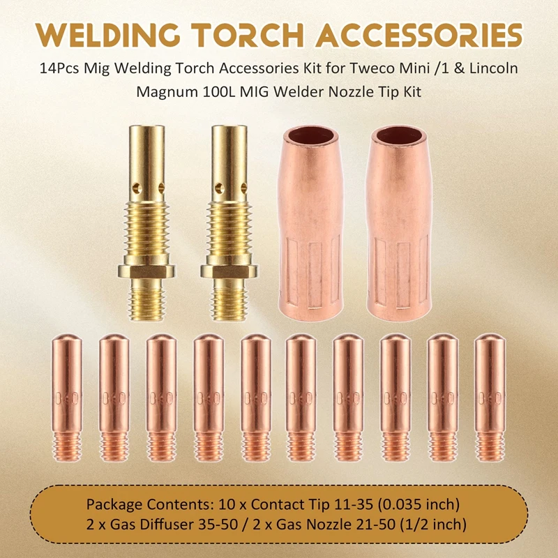 14Pcs Mig Welding Torch Accessories Kit For Tweco Mini /1 & Lincoln Magnum 100L MIG Welder Nozzle Tip Kit