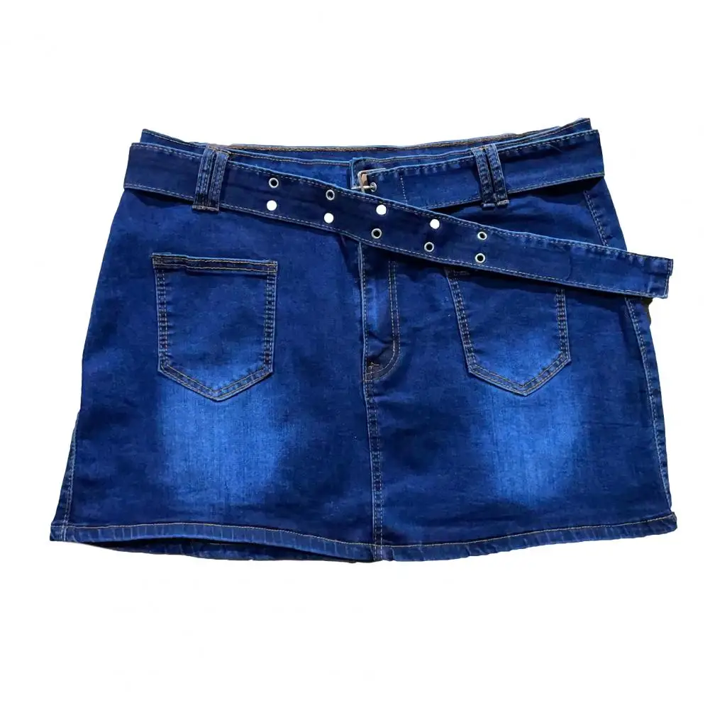 Mini Skirt with Adjustable Belt Women A-line Denim Skirt Stylish Women's Denim Skirt with Adjustable Belt Pockets for Summer