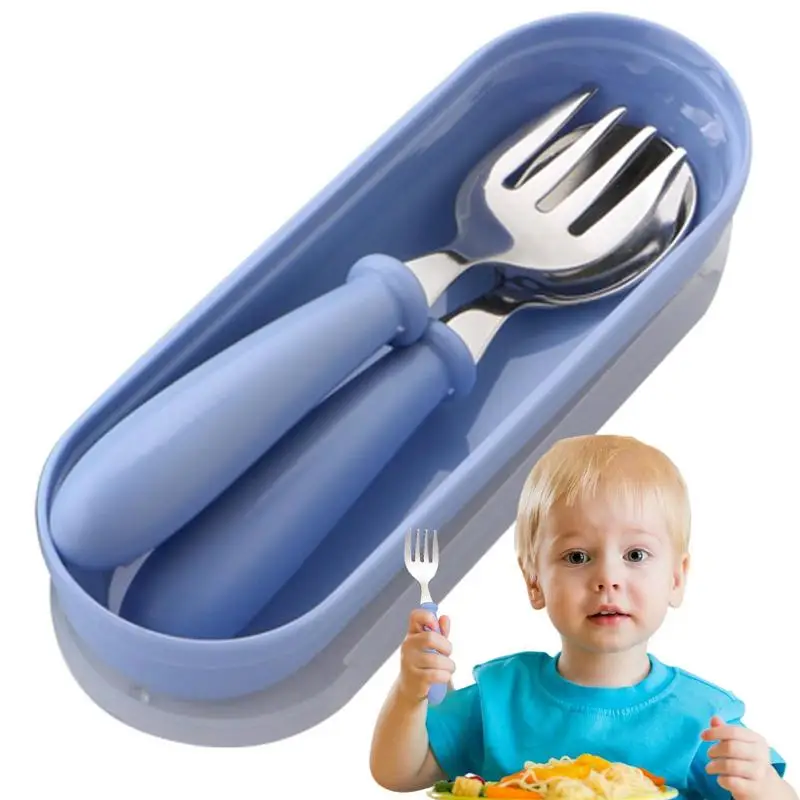 Stainless Kids Funny Fork Spoon Set with Container Box Children Cartoon Tableware Portable Storage Baby Feeding Utensils