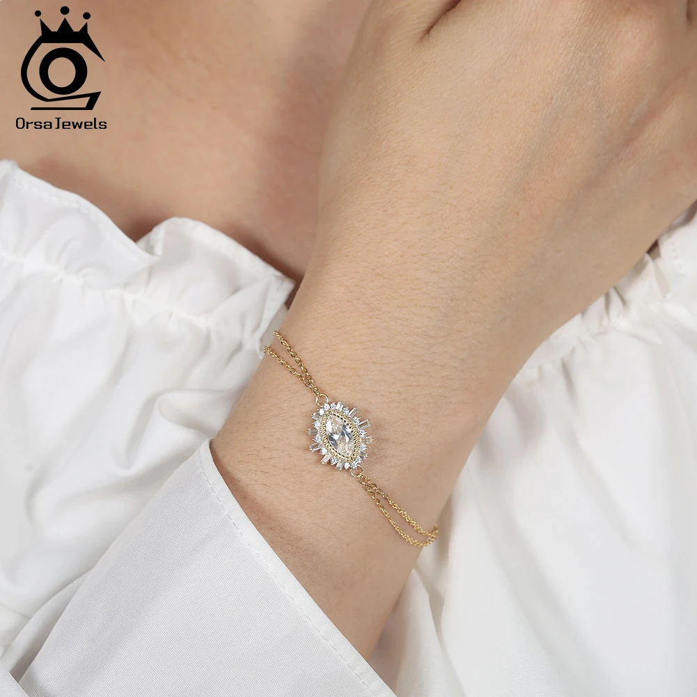 

ORSA JEWELS 925 Sterling Silver White Zirconia Bracelet Shiny Party Lucky Evil Eye CZ Charm Chain Bracelet Fashion Jewelry SB146