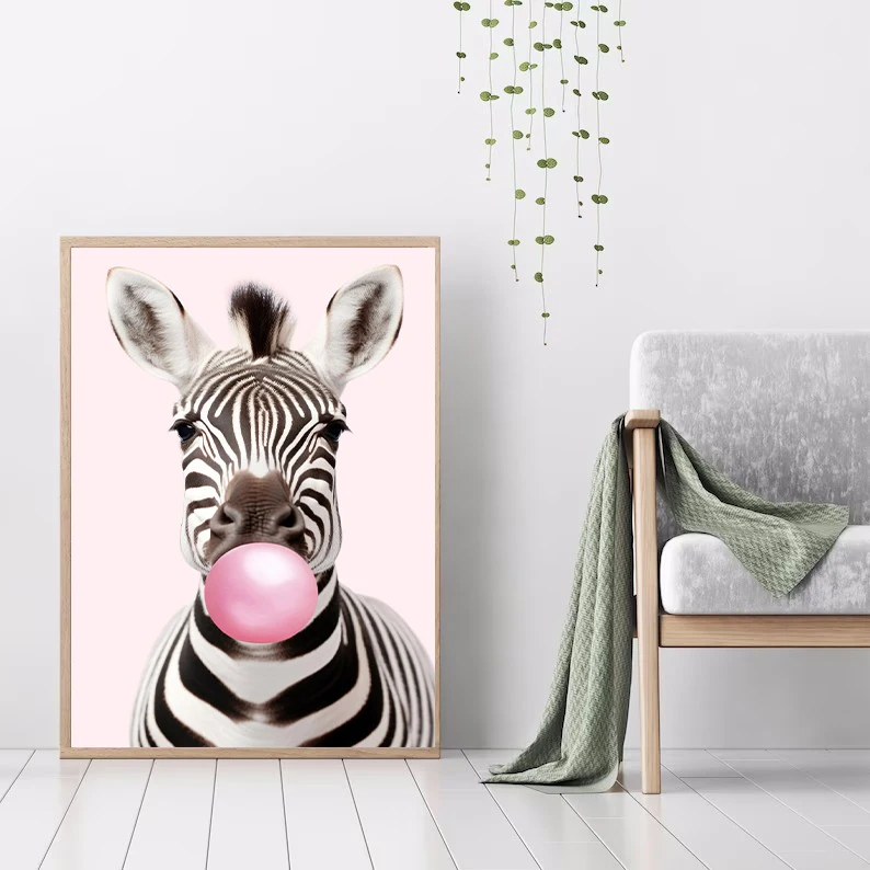 Cute Pink Panda Giraffe Bunny Cheetah Zebra Blowing Bubble Gum Poster Nursery  Canvas Painting for Kids Room Animal Print Decor