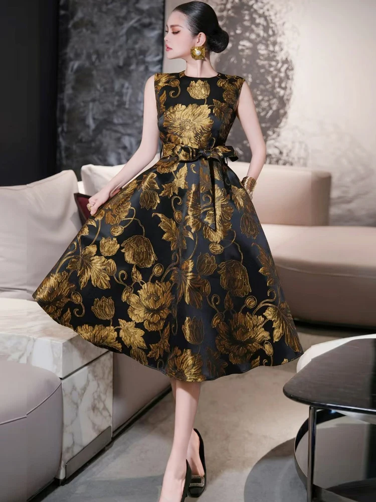 فساتين فرنسية أنيقة الراقية خمر جولة الرقبة أكمام الدانتيل متابعة القوس الذهب الجاكار عالية الخصر ضئيلة ألف خط فستان طويل النساء #4