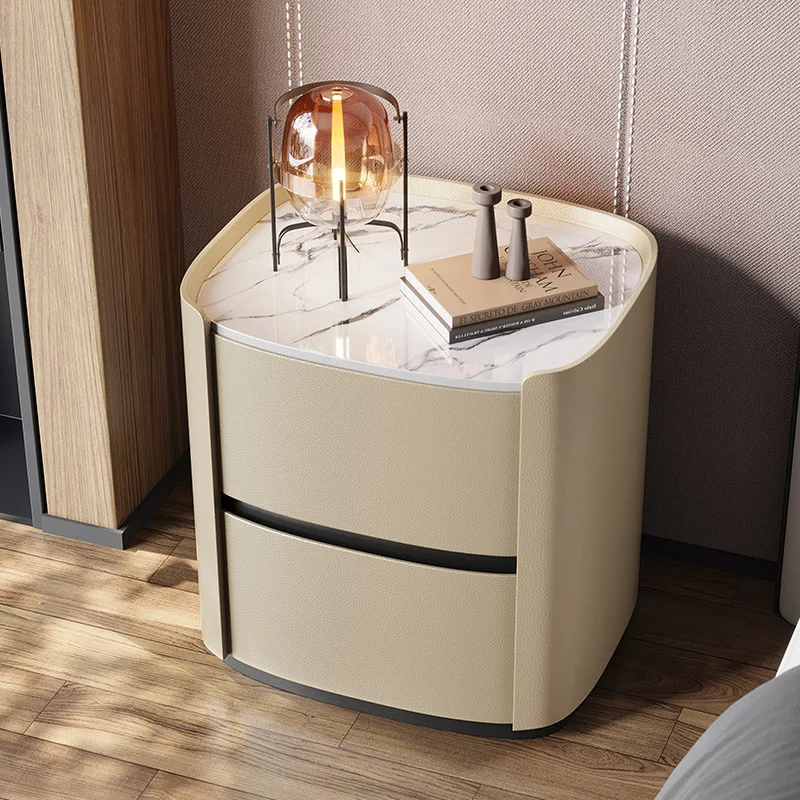Modern Bedroom Furniture Small Marble Nightstand with 2 Drawers Wooden White Bedside Table