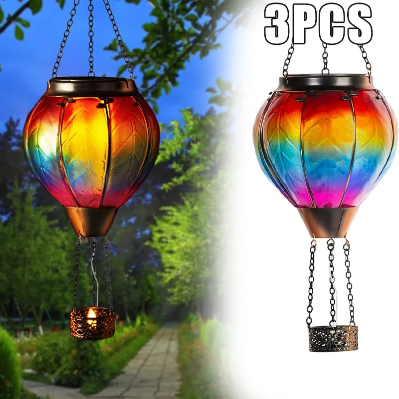 Classical Garden Outdoor Solar Lamp LED Flickering Flame Hot Air Balloon Lamp with Metal Glass Lawn Garden Decoration Outdoor